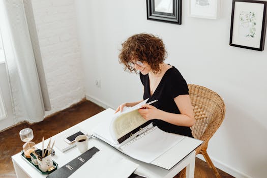 retired woman smiling while reviewing financial documents