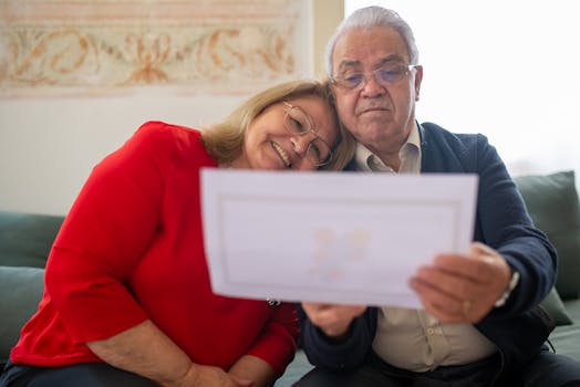 happy retired couple holding tax documents