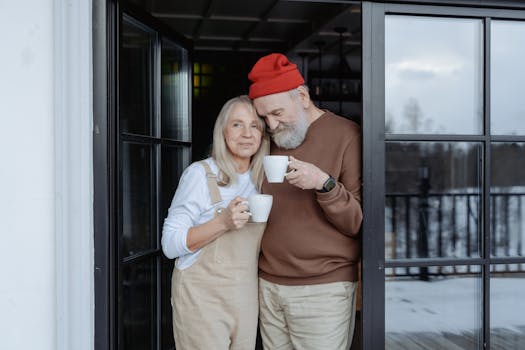 retired couple enjoying coffee at home